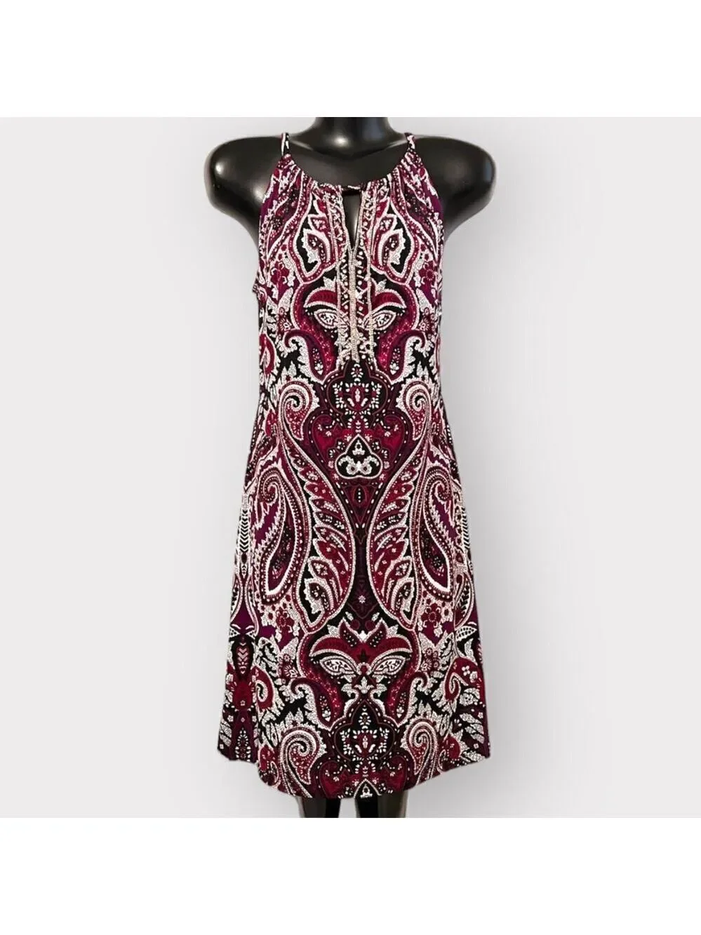 INC Womens Jewel Neck Mini Shift Dress with Bling sz M Black Burgundy Paisley - Picture 1 of 7